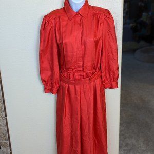 Vintage Leslie Faye Red Orange Belted Day Dress Size 6 Hidden Button Down